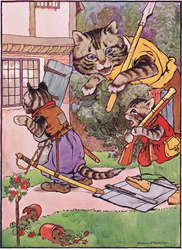 Eine Katze mit ihren Kätzchen schleicht sich zum Haus, Illustration aus 